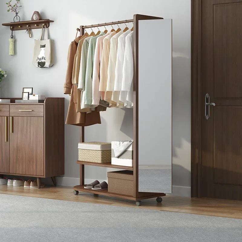 Solid wood full-length mirror Hanging hanger integrated with mirror Household full-body mirror Bedroom removable coat rack Floor