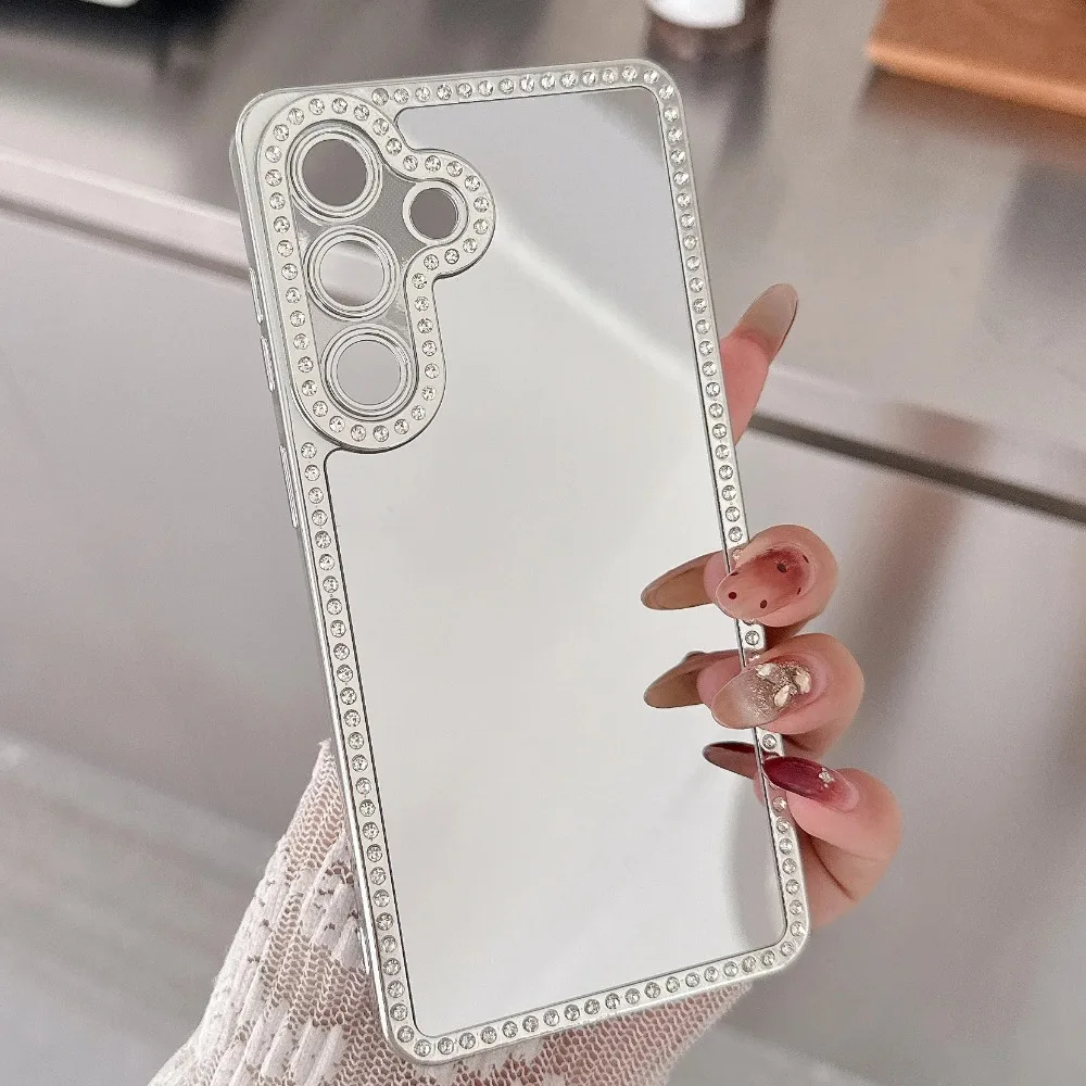 Luxuriöse Diamant-Plattierung Make-up-Spiegel Handyhülle für Samsung S26 S25 S23 S24 Ultra Plus Stoßfeste Acryl-Schutzhülle mit Kosmetikspiegel