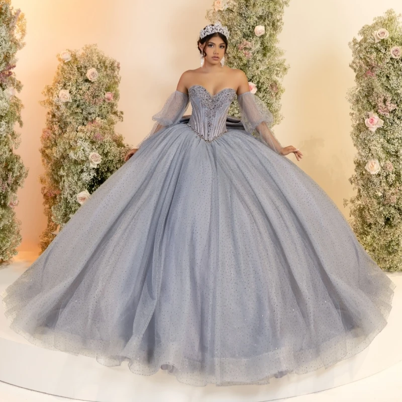 

Silvery Shiny Quinceanera Dresses Off The Shoulder Beading Crystal Tull Party Birthday Sweet 16 Dress Vestidos 15 De Anos