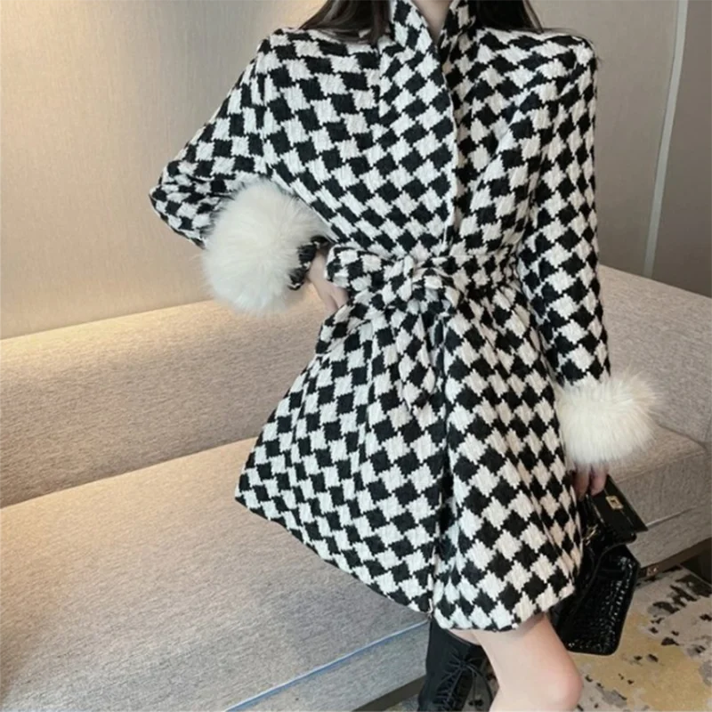 

Tweed Jacket Women Overcoat Thicke Autumn Winter Design Sense Blazer Woolen Coat Female Outwear Fashion Slim Plaid Jacket