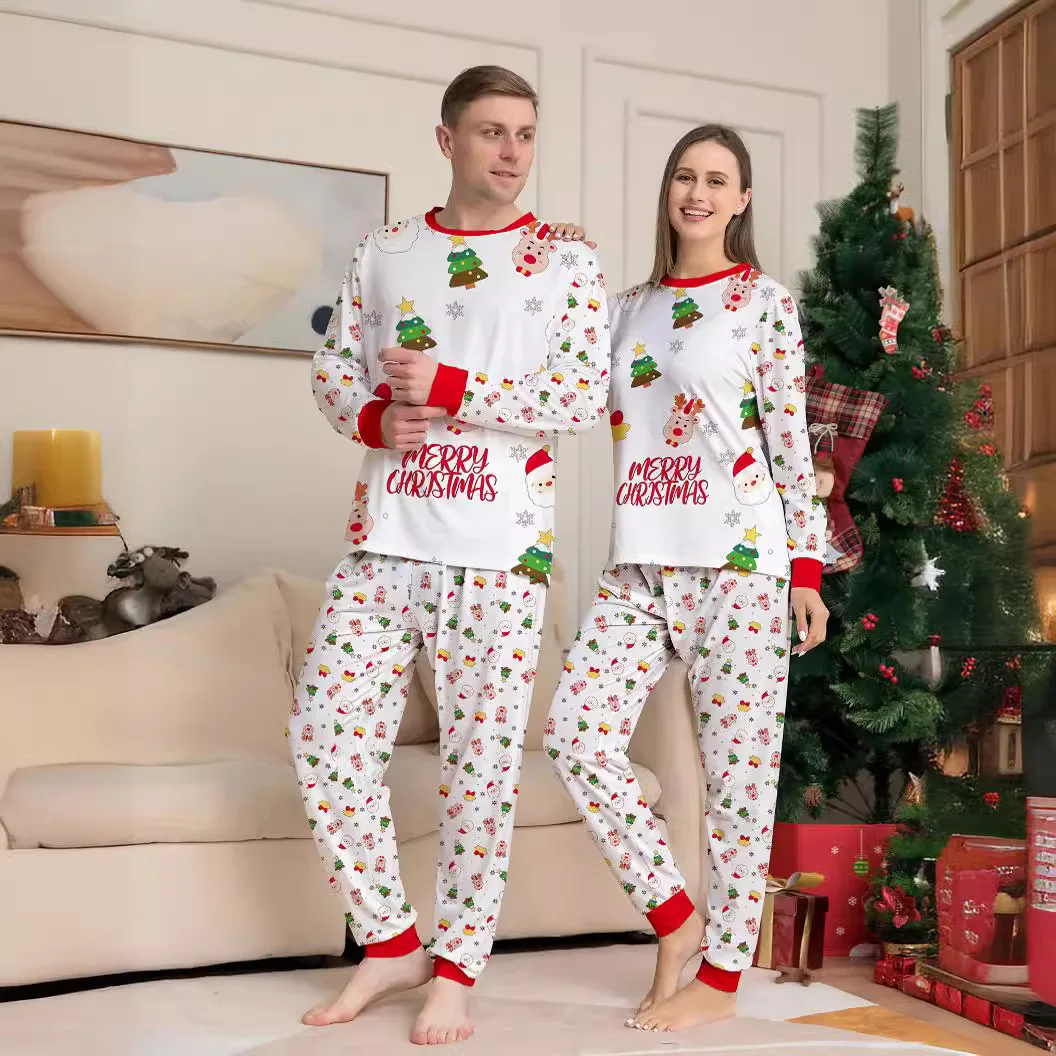 New Christmas cartoon pajamas Christmas tree print set home and family outfits for the whole family