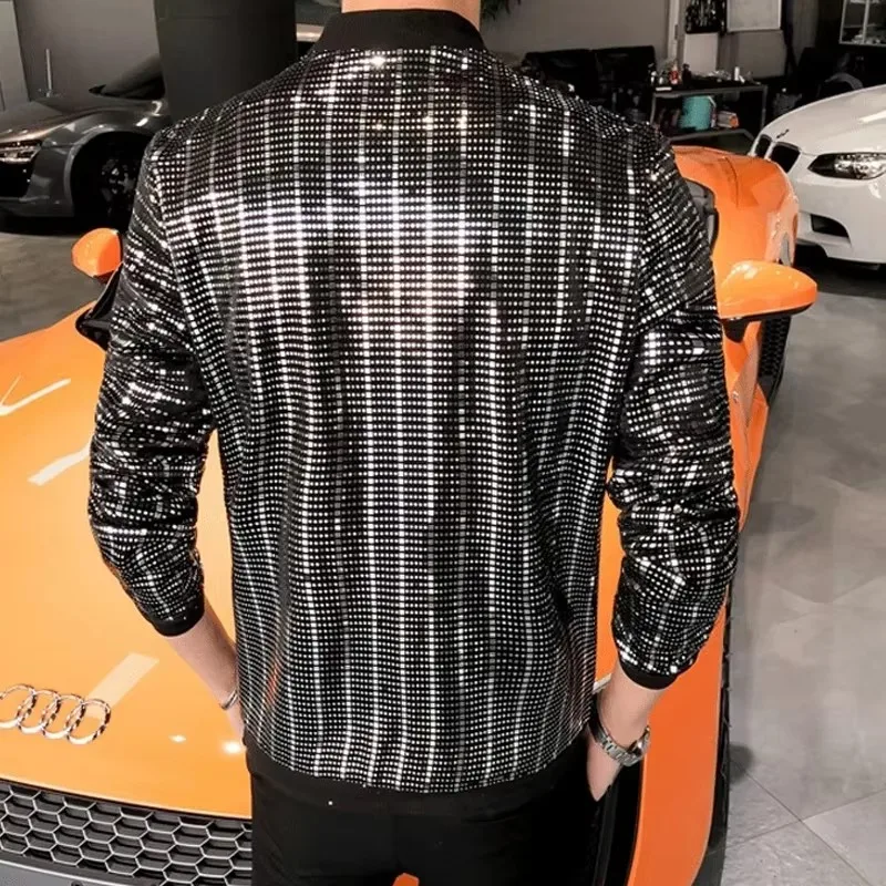 Silver Sequin Windbreaker Jacket Men Luxury Fashion Autumn Gothic Singer Stage Costume Lightweight Streetwear Hip Hop Coat Men