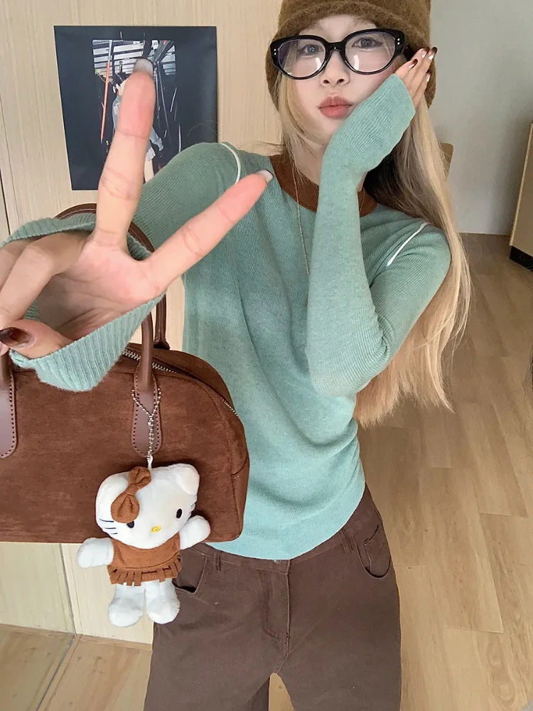 

Contrast Color Long Sleeve Knitted Tops Women Autumn Winter O-neck Slim Fit Sweater Korean Temperament Base Pullover