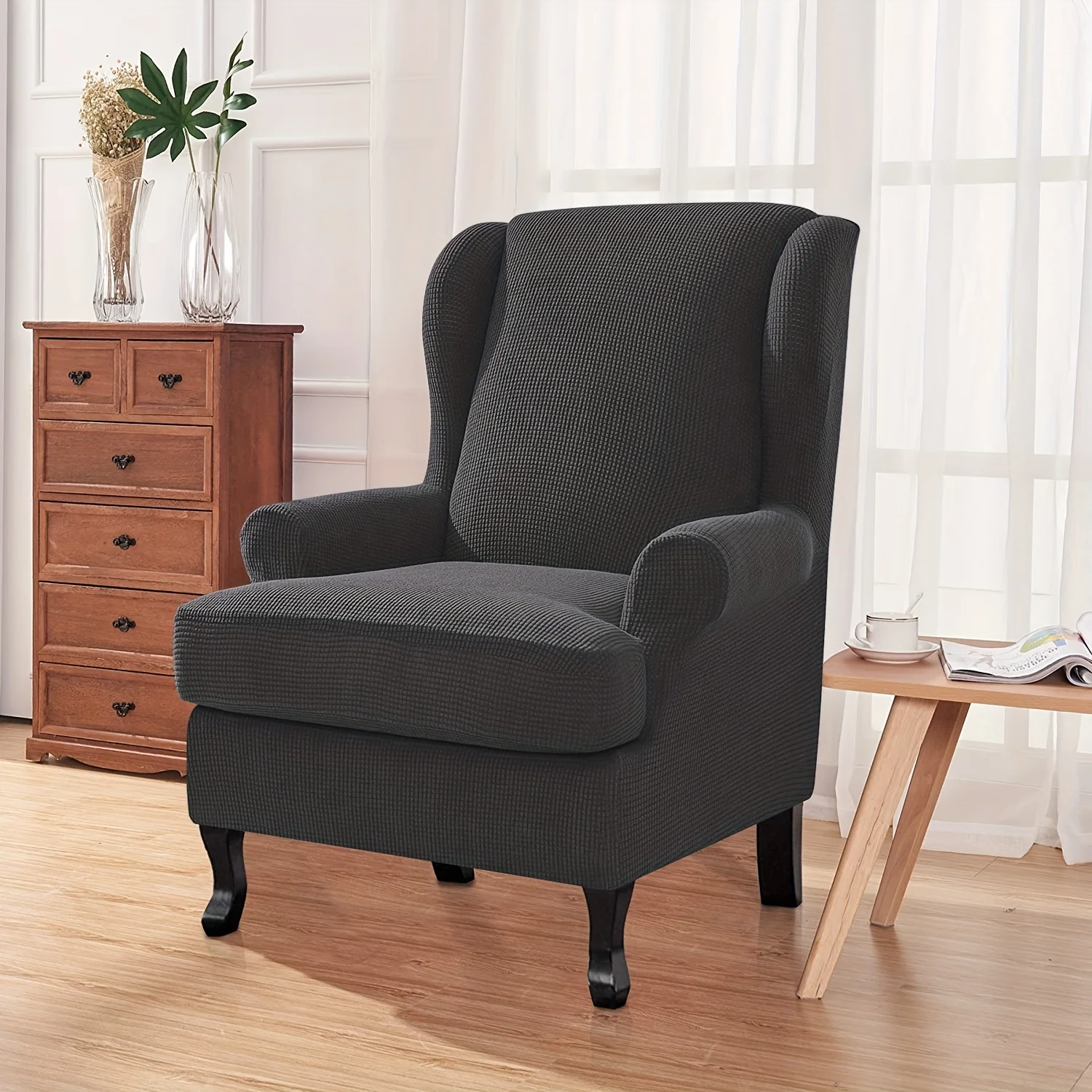 

2PCS Stretch Elastic Wingback Chair Slipcover - Premium Spandex Jacquard Dustproof Cover Form-Fitting Design for Armchair, Sof