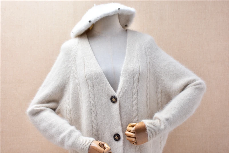 Ladies Women Spring Autumn Clothing Beige Hairy Angora Rabbit Hair Knitted Long Sleeves V-Neck Loose Cardigans Sweater Jacket