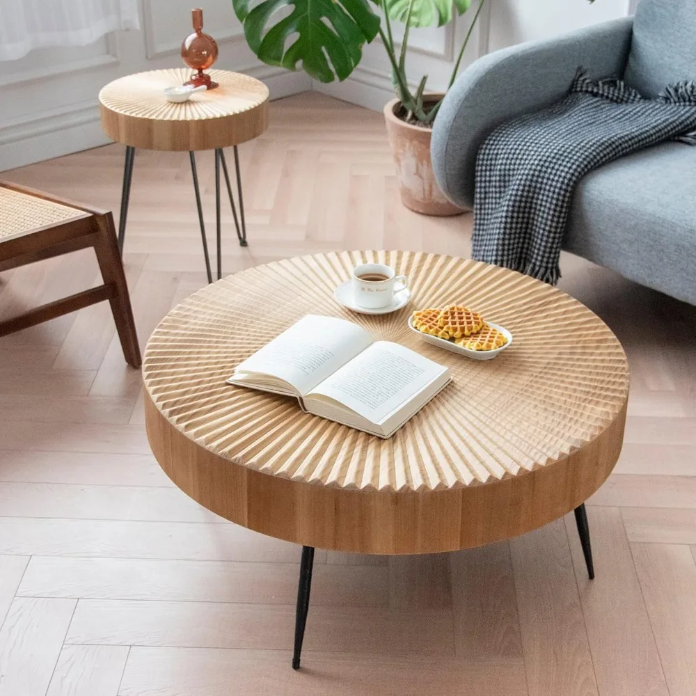 2-Piece Modern Farmhouse Living Room Coffee Table Set, Nesting Table Round with Handcrafted Wood Radial Pattern