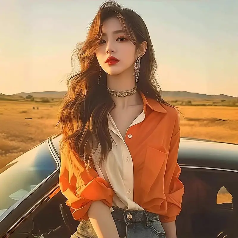 Color Block Long-sleeved Shirt and Shirt for Women 2025 New Early Autumn Retro Fashion Button Splicing Loose Top