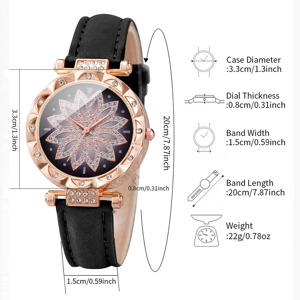 6PCS/Set Fashion Rhinestone Flower Women\'s Watch Leather Band Quartz Watches Hearts Jewelry Set（Without Box）