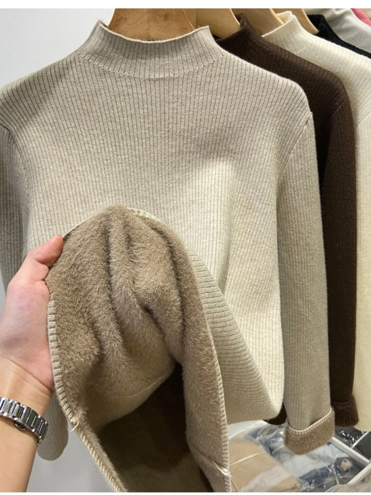 Herfst winter dames gebreide trui met lange mouwen en coltrui, effen kleur warme fleece gevoerde gebreide top, casual chique dagelijkse stijl
