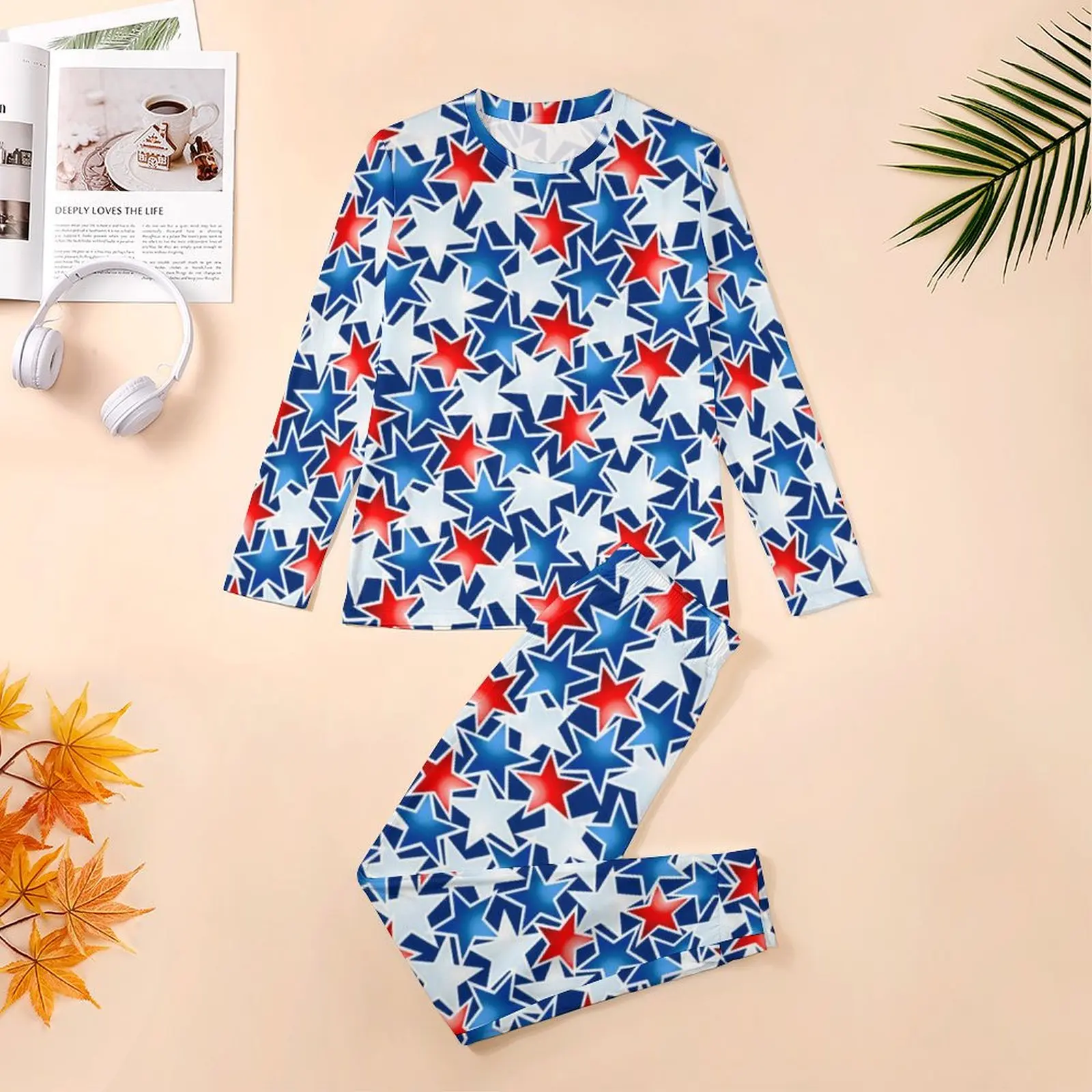 Red White And Blue Star Pajamas Spring Abstract Stars Print Room Nightwear Man 2 Pieces Graphic Long Sleeve Big Size Pajama Sets