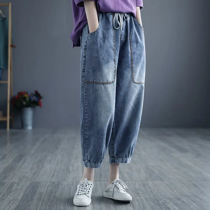 

Women's Blue Jeans Summer Vintage Elastic Waist Tie All-match Harem Pants Loose Denim Nine-point Mom High Waist Jeans U224