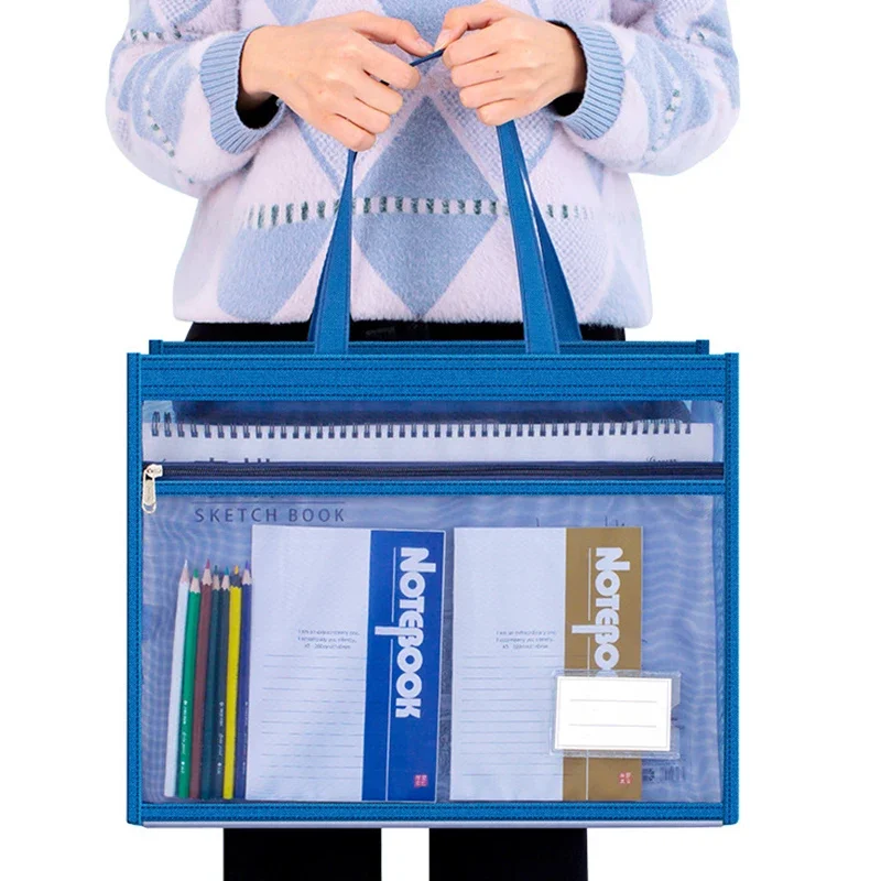 Large A3 Mesh File Bag Carry Book Art Bag Transparent Grid Portable Zipper Student Drawing Sketch Board Test Paper Storage Bag