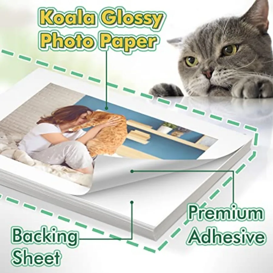 Glossy Sticker Paper for Inkjet and Laser Printer, Printable Photo Sticker Paper, Sheets 8.5x11 In Self-Adhesive Photo Paper fo