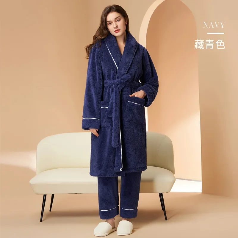 

Толстый женский пижамный комплект, зимнее флисовое солдатное теплое женское пижамное белье с длинными рукавами, фланелевое однотонное кимоно и брюки для пары