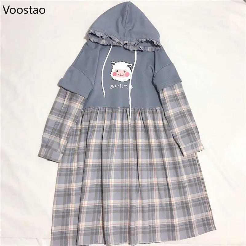 Japanese Kawaii Lolita Style Dress Women Sweet Plaid Patchwork Ruffles Loose Dresses Korean Fashion Cartoon Sheep Print Dress