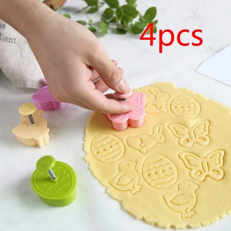 4Pc / Set Easter Egg Rabbit Chick Butterfly Plastic Plunger Fondant Cookie Cutter Set Mold Biscuit Decor Baking ToolsSet