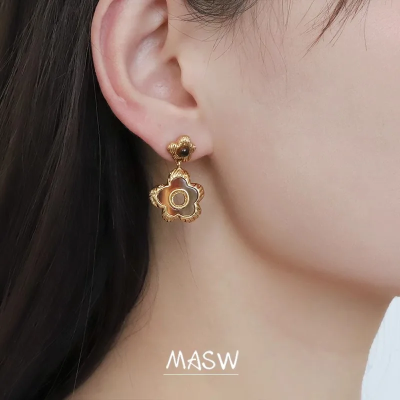 MASW Original Design Vintage Temperament Glass Simulated Pearl Brown Flower Necklace For Women Girl Gift Modern Jewelry