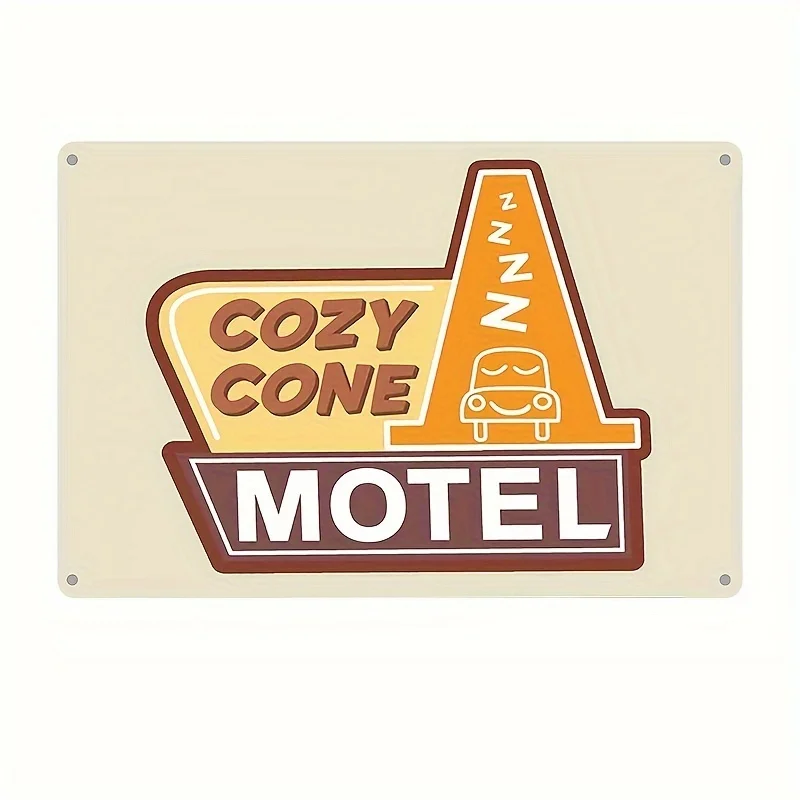 2D Flat Cozy Cone Motel Vintage Metal Sign, Wall Decoration, Waterproof And Dustproof, Featuring English Text for Bedroom Decor.