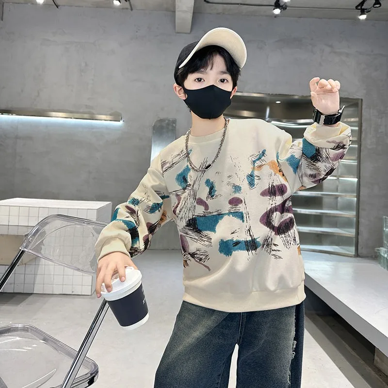 

2025 New Boys' Spring & Autumn Lightweight Crewneck Sweatshirt - Stylish & Cool Middle To Large Size Kids' Top