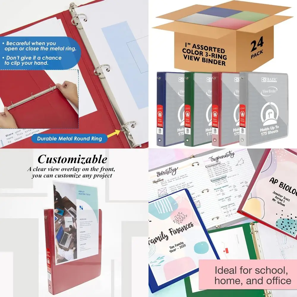

1-inch Assorted Color Economy Binders with Clear Overlays, Holds 175 Sheets, 24-Pack for Home, School, and Office Use
