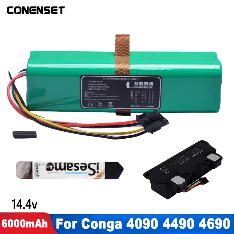 14.4V 6000mAh Replacement Battery For CECOTEC CONGA 4090 4490 4590 4690 Robot Vacuum Cleaner Accessories Spare Parts Tool