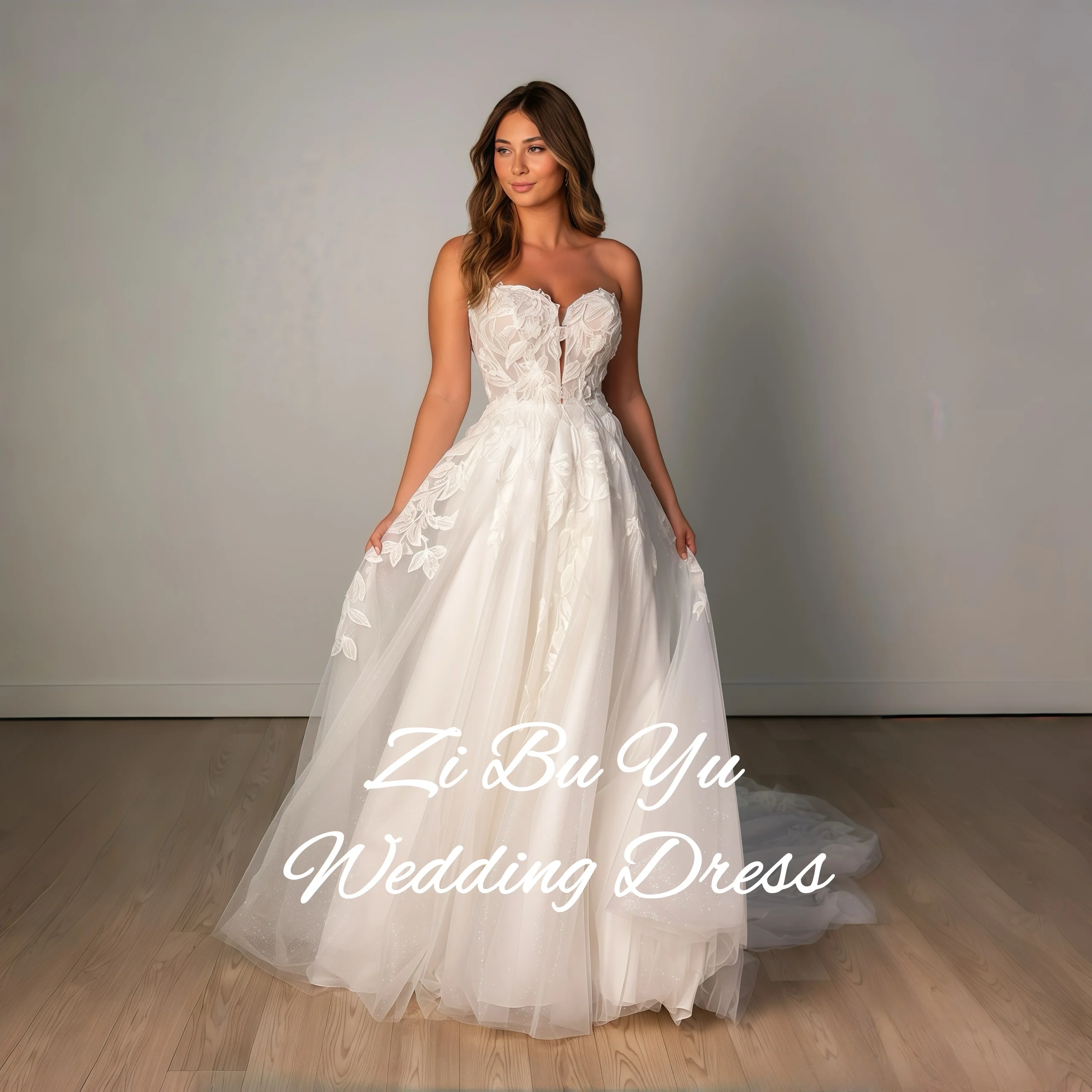 

ZIBUYU Customized Romantic Wedding Dress Strapless Sweetheart Neckline 3D Floral Lace Appliques Tulle A-Line Train Bridal Gowns