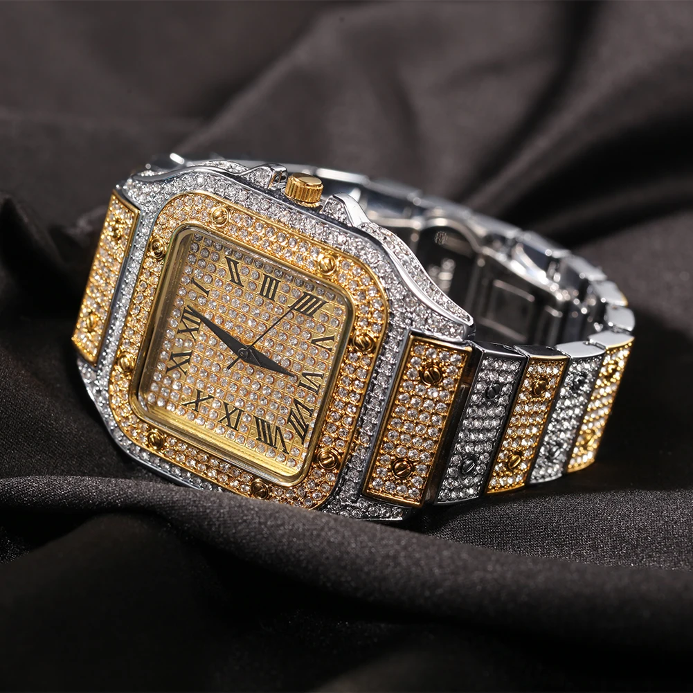 Uwin Square Full Iced Out Watches Men Stainless Steel Fashion Luxury Rhinestones Quartz Square Business Watch