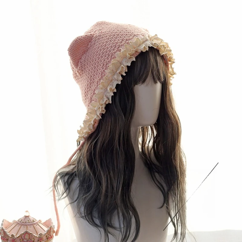 ロリータ ソフトガール 日本製 手作り帽子 ニット帽 レディース 秋冬 フレンチレース 暖かい帽子