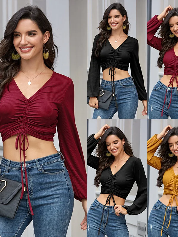 Top de Manga Longa com Decote em V e Cordão Estilo Casual F Design de Cintura Média com Barriga Exposta Moda de Outono