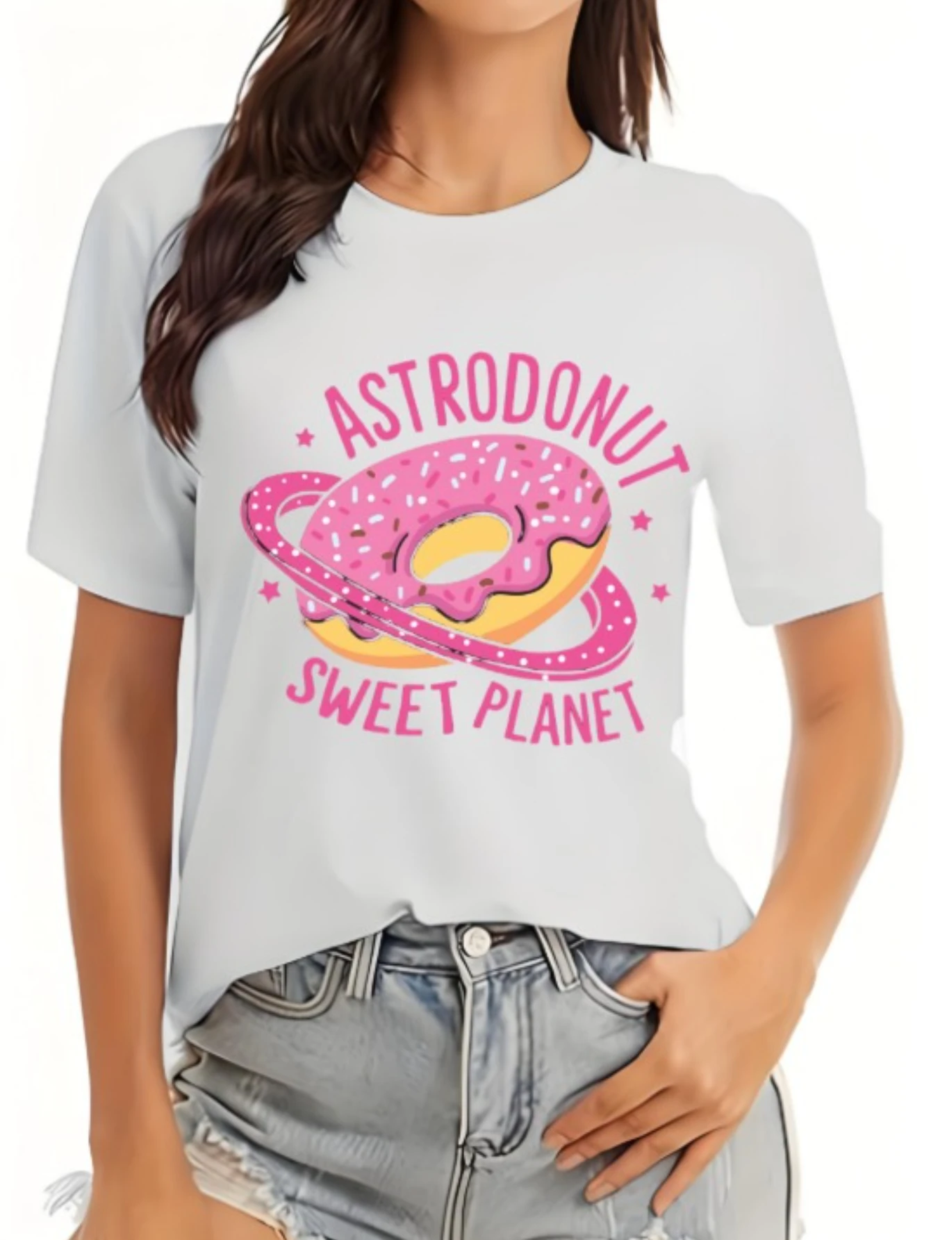 

Astrrodonut Sweet Planet Graffiti Print T-shirt Fashion Creative Men's and Women's Casual Versatile Short-sleeved Cotton Top Y2k