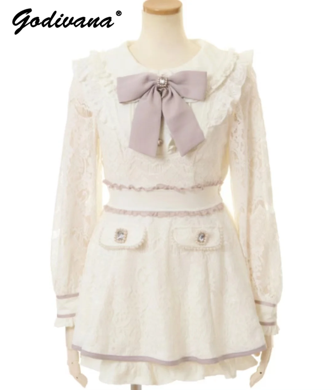 Japanese Autumn 2023 Mass-Produced Long Sleeve Bow Lace Dress + Shorts Two-Piece Set Liz Women's Lolita Sweet Shorts Set Outfits