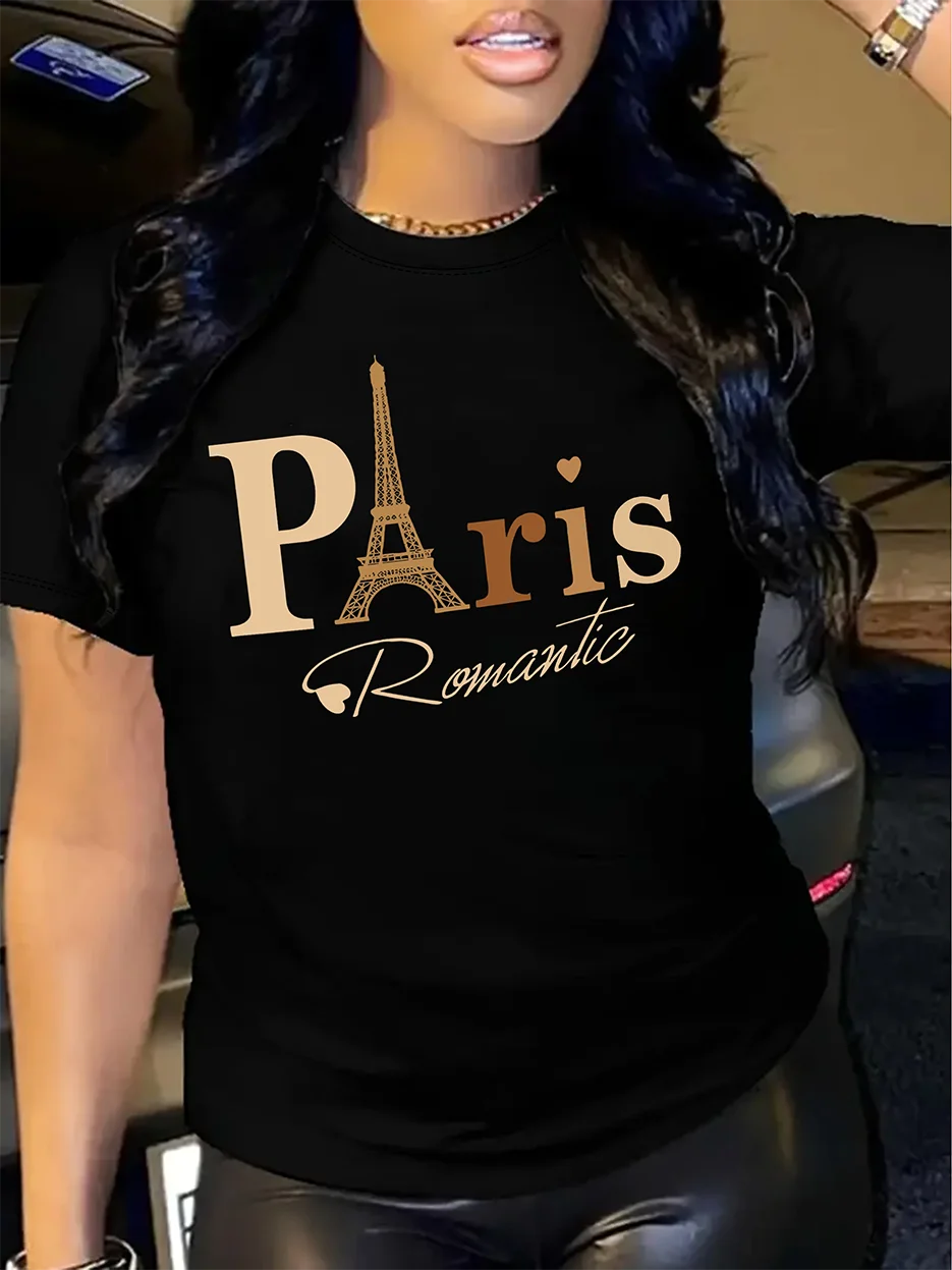 Paris Letter Print T-shirt Short Sleeve Crew Neck Casual Top For Summer Women\'s Clothing Casual Regular Female Graphic Clothes