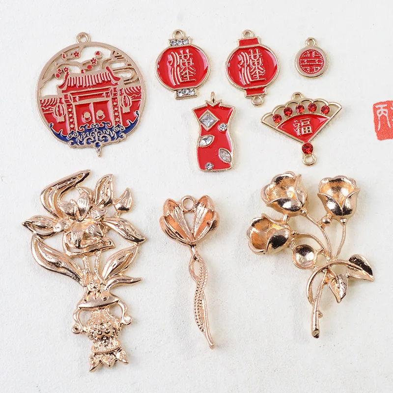 

100Pc set new product alloy national style wedding cheongsam lantern fan flower branch DIY shoes and clothing bag pendant