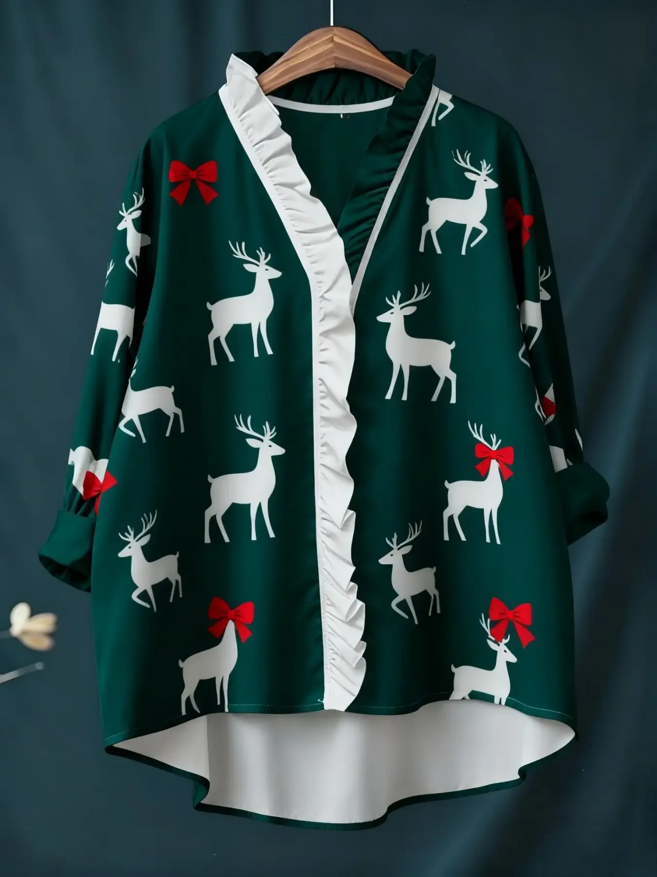 Ladies' elegant V-neck ruffled short sleeved shirt ,loose fit | soft touch