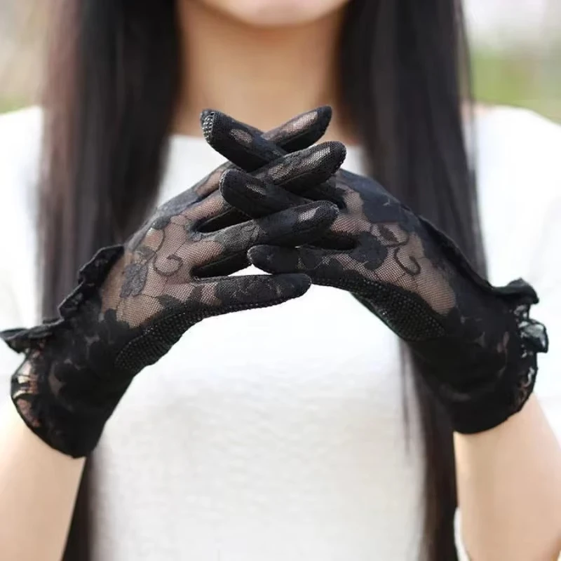 Women Summer Thin Lace Ruffle Edge Short Sexy Sunscreen Breathable Anti-skid Touch Screen Cycling Driving UV Gloves