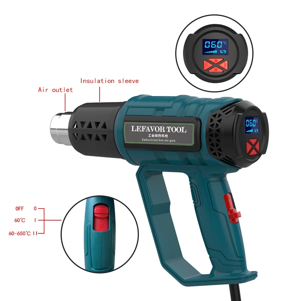 2000W Industrial Digital Hot Air Gun Electric Heat Gun Thermoregulator  Shrink Wrapping Thermal Blower Dryer Heater Nozzle 220V