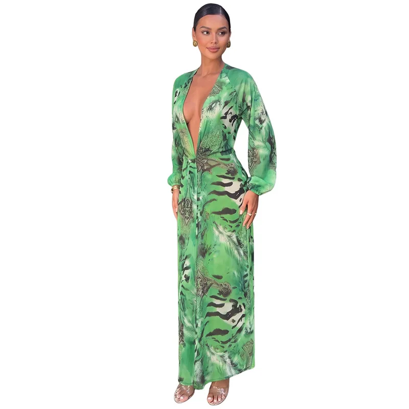 Damen Mode Sexy Bedrucktes Urlaubs-Strand-Maxikleid Tiefer V-Ausschnitt Lange Ärmel Rückenfreies Hochgeschlitztes Festliches Langes Kleid Strandkleid