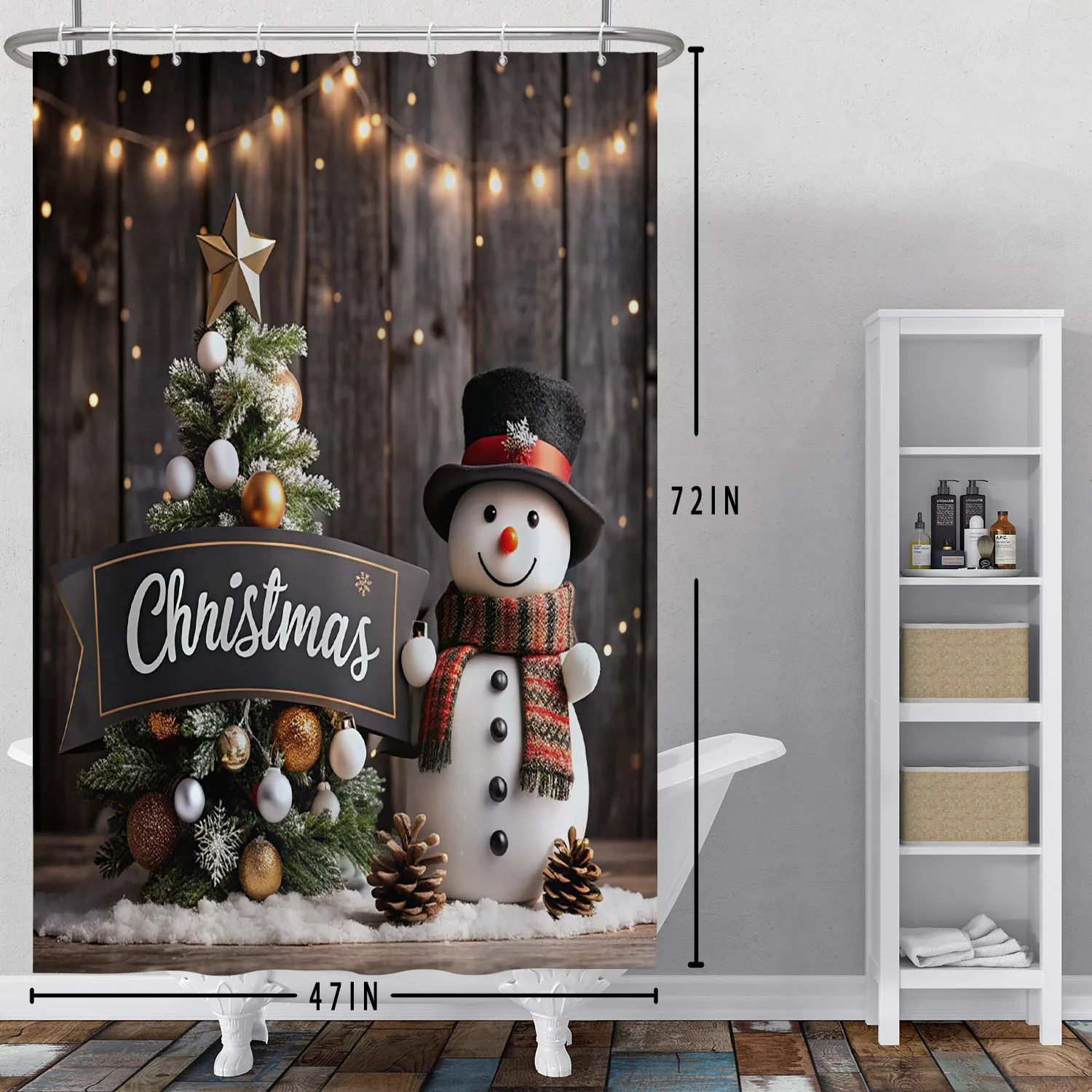 Christmas Snowman Shower Curtain Winter Snow Christmas Tree Balls Decor Bathroom Partition Waterproof Hanging Curtain With Hooks