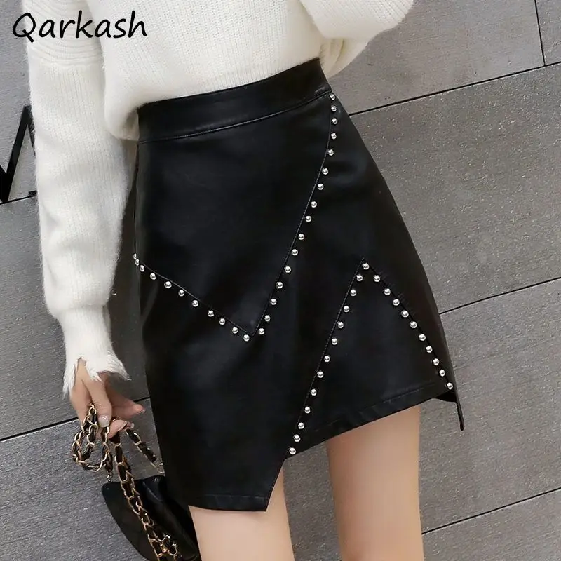 

A-line Mini Skirts Women Leather Rivet High-waist Asymmetrical Slim Autumn Korean-style Trendy Street Wear Cool Girls All-match