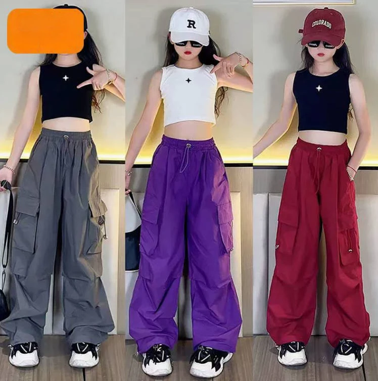 5-14Y Kids Hip Hop Joggers Pants Girls Cargo Pants Teenage Straight Trousers High Waist Vintage Casual Streetwear Baggy Pants