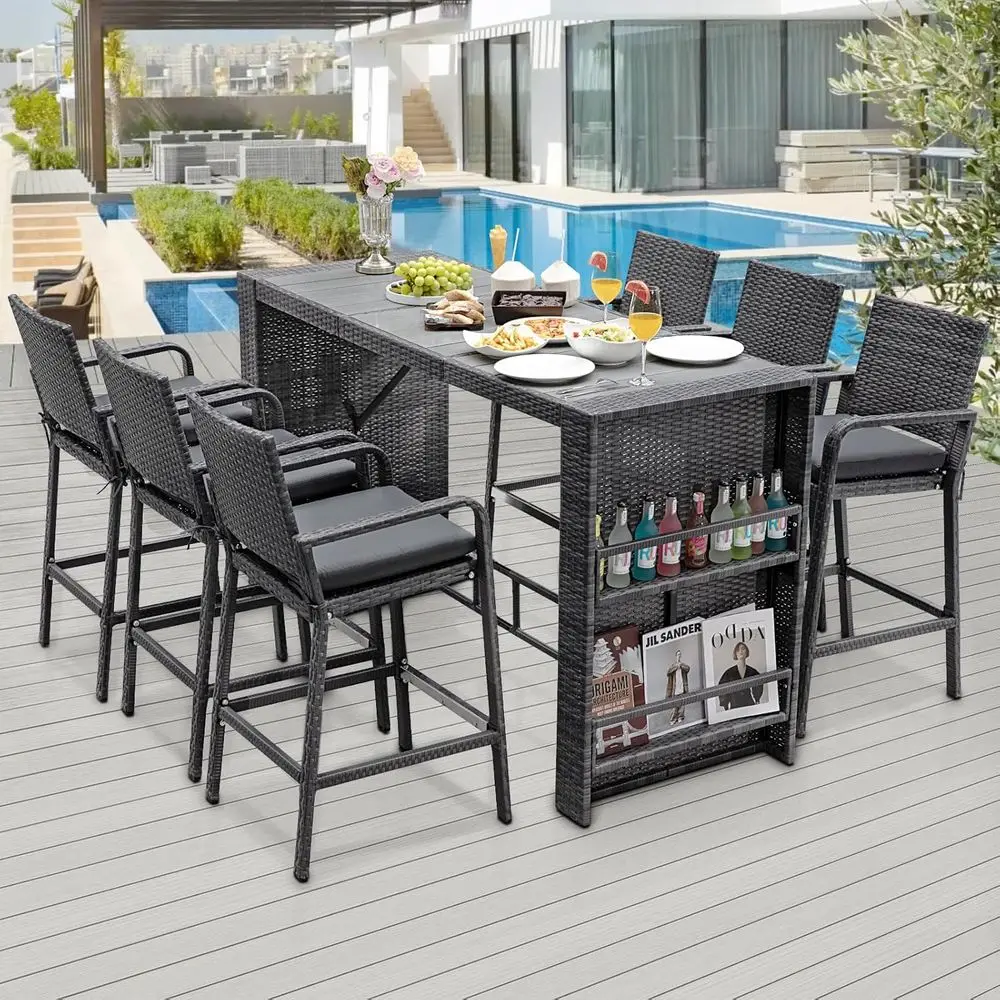 Grey Wicker Outdoor Bar Set with Cushions, 7-Piece High Top Patio Furniture for Backyard or Poolside