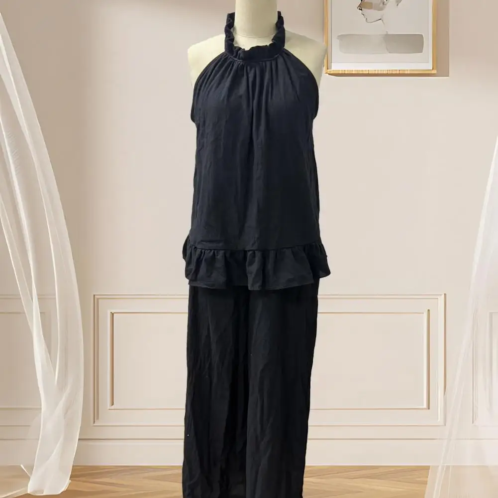 

Casual Solid Women's Two Pieces Set With Pants Fashion Sleevless Halter Vest Wide Leg Long Trousers Summer Lady Suit With Pocket