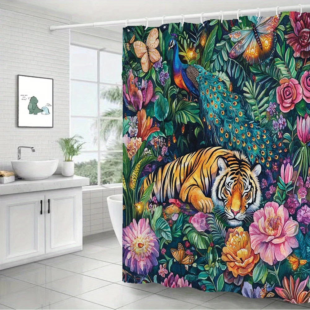 

Экзотическая водонепроницаемая занавеска для душа «Тигр и павлин», устойчивая к плесени — тропический цветочный дизайн для роскошного декора ванной комнаты