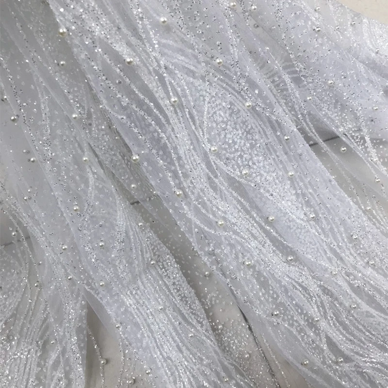 90x130cm Silver/Gold Sequins Glitter Fabric Pearl Bead Mesh Tulle Lace Telas Material DIY Wedding Dress Designer Sewing Fabric