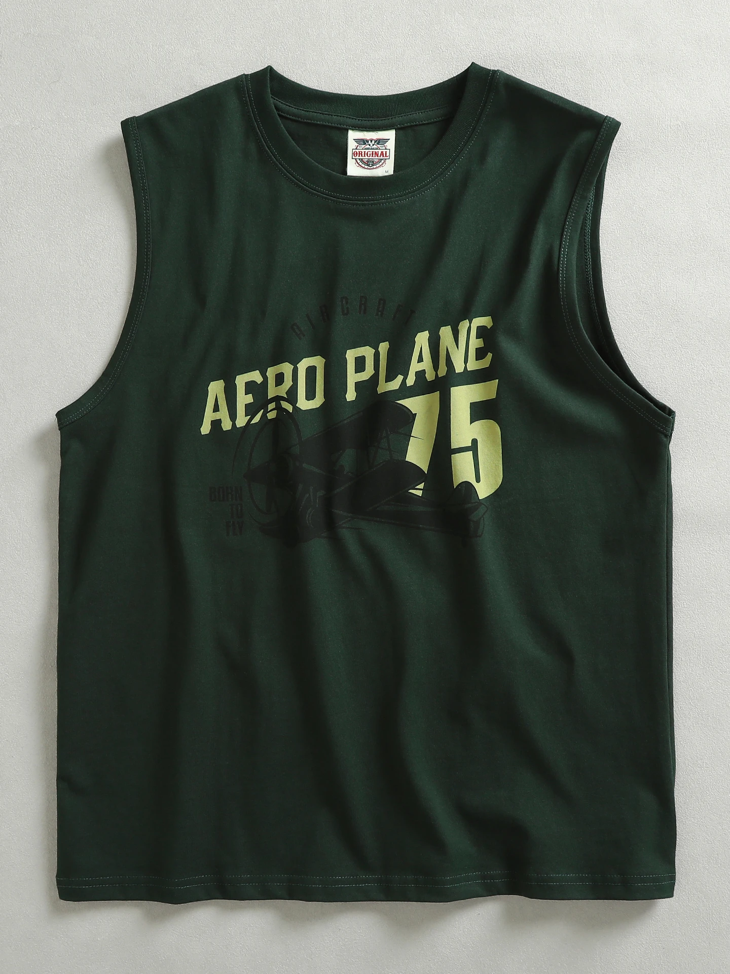 

Men's Fitness Cotton T-Shirt Breathable Sweatless American Retro Plane Letter Pattern Sleeveless Vest round Neck Micro Elastic