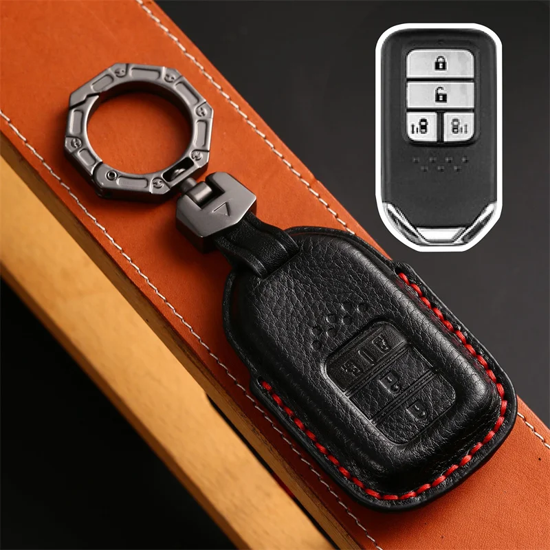 Genuine Leather Car Key Fob Cover with Keychain, Key Case Full Protection for Honda City Turbo Crider XRV 10th Civic Accord