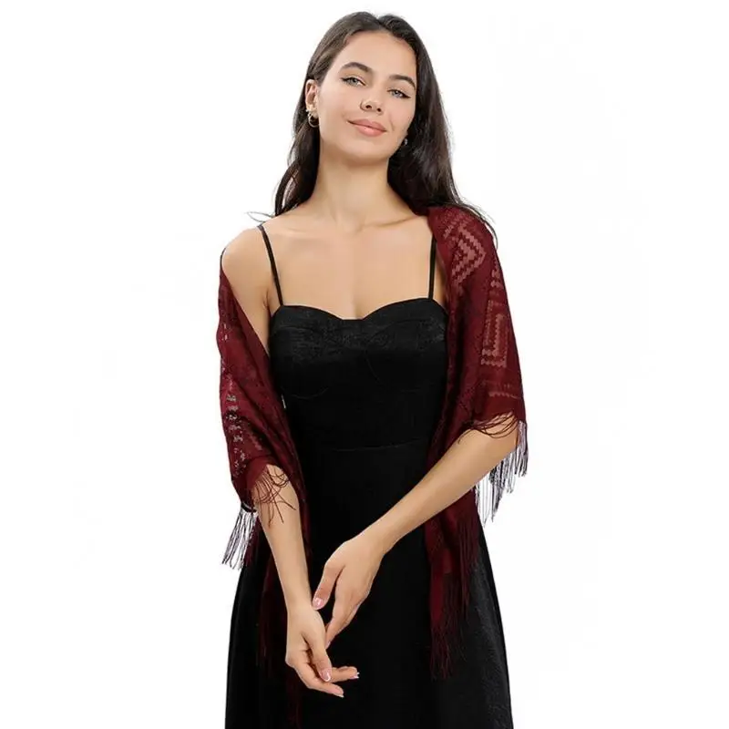 

P9FE Popular Waved Fringed Lace Shoulder Wrap for Bridesmaid and Formal Occasion with Tassels Detailing Hollowout Shawl Wrap