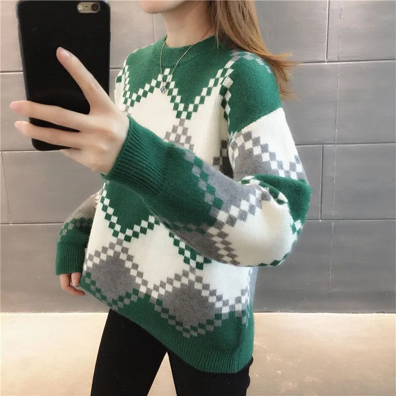 New Autumn/Winter Fashion Korean Edition Spliced Colored Round Neck Loose and Versatile Foreigner Women\'s Long Sleeve Sweater