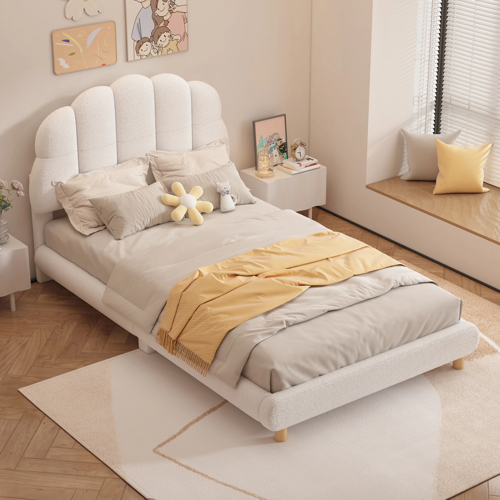Lit enfant 90 × 200 cm, lit simple - Tête de lit fleurie rembourrée - sans matelas - en peluche blanche