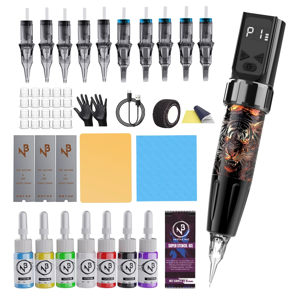 

Tattoo gun kit, complete tattoo gun set, including 10 tattoo cartridge needles and 7 colors of tattoo ink, suitable for tattoo beginners and tattoo artists